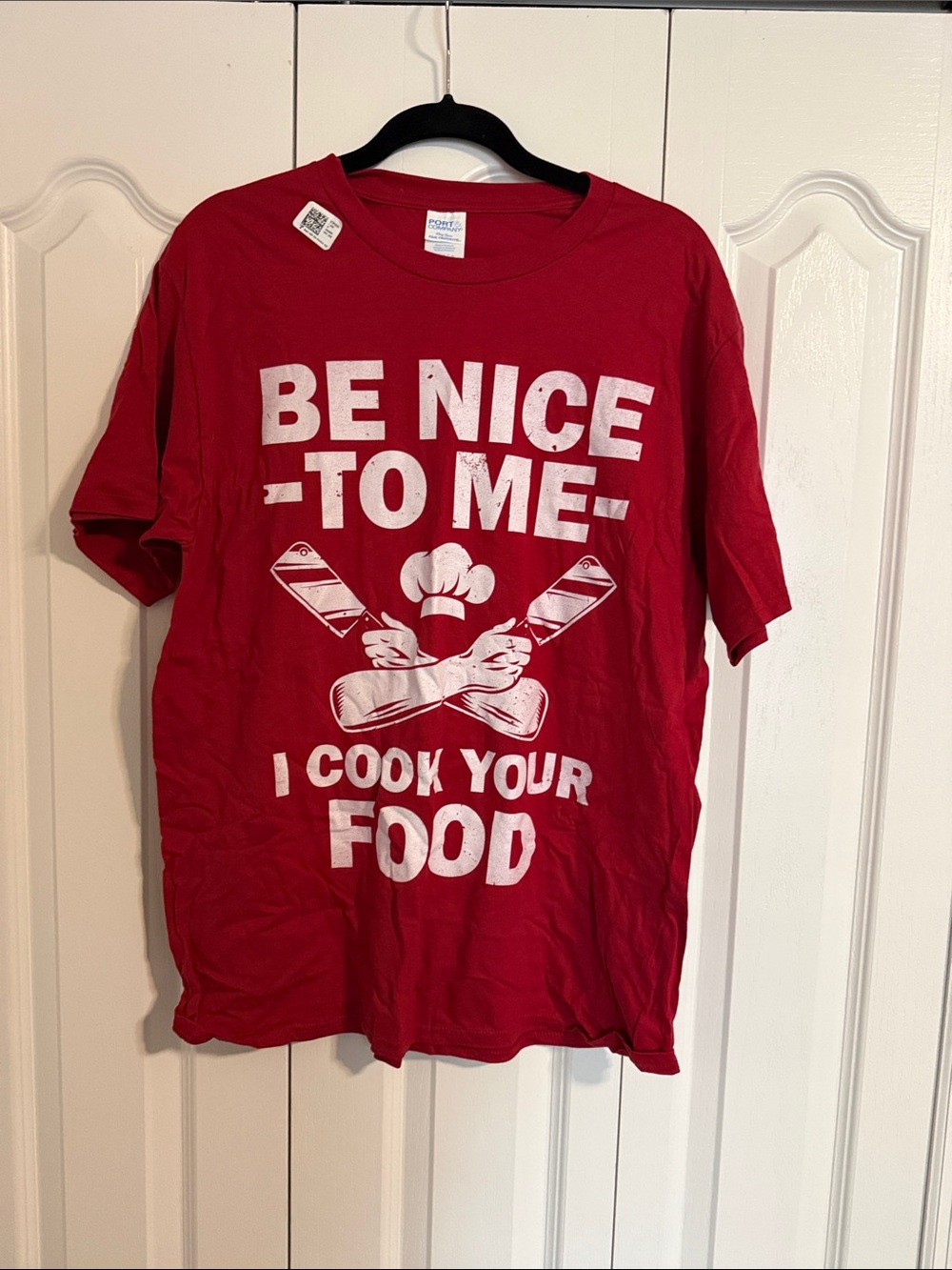 Port and Company Red T-Shirt with White Graphic "Be Nice To Me I Cook Your Food"